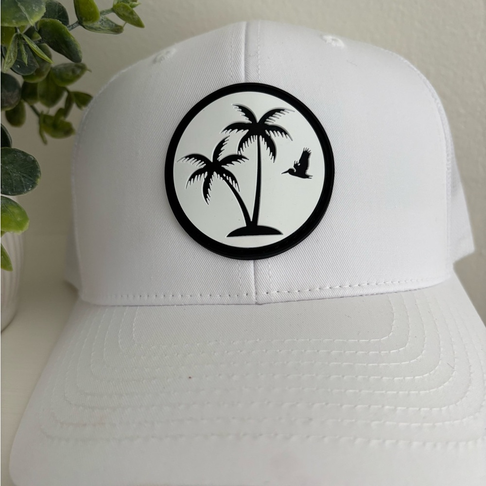 White Cap with Palm Tree Design. New
